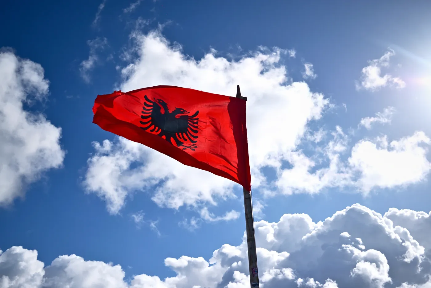 Flamuri shqiptar, me shqiponjën e zezë dykrenare mbi sfond të kuq.